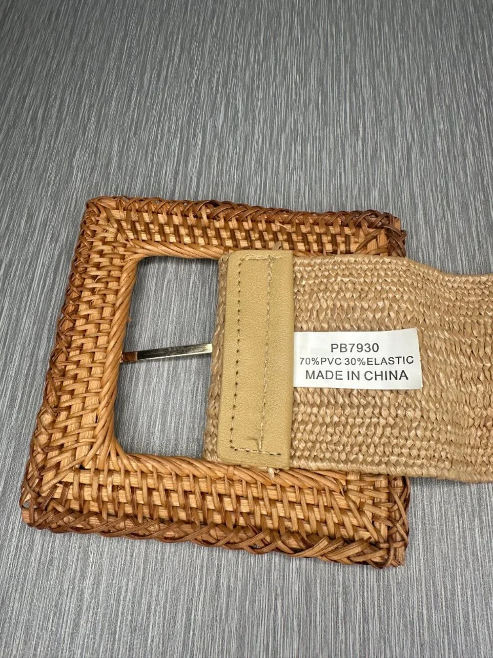 Women’s Khaki Straw Woven Belt Wide Square Buckle Stretch Waist 34 -35